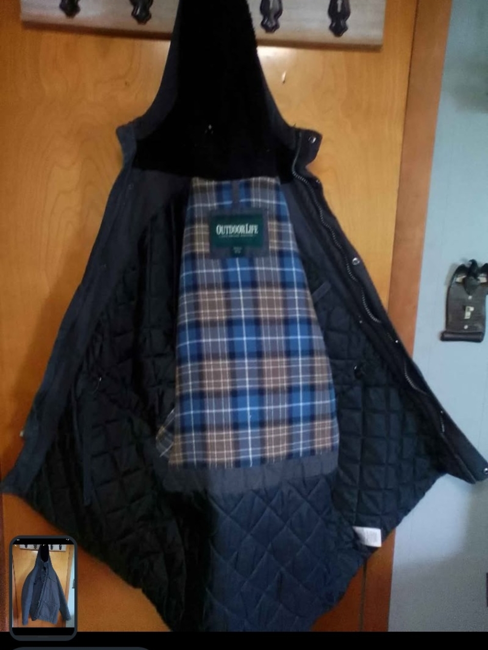 Outdoor Life Men's Quilted Hooded Jacket in Navy with Plaid Lining